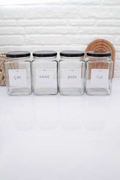 zezedesing Cam Kavanoz Saklama Kabı Siyah Kapak 1600ML (Çay-Kahve-Şeker-Tuz)
