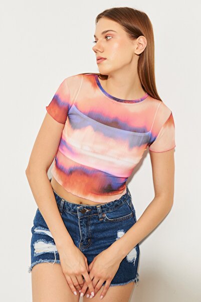 Bipantolon Women's Multicolored Ink Patterned Short Sleeve Transparent Tulle