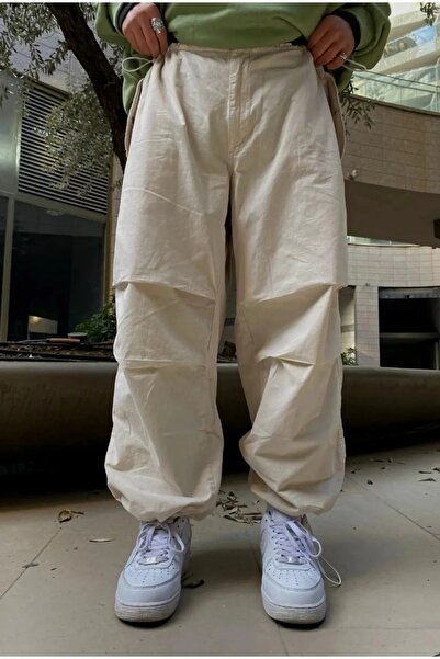 Gofeel Krem Renkli Bol Kesim Jean Yazlık Kumaş Paraşüt Baggy Unisex Pantolon