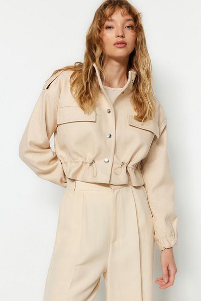 Trendyol Collection Ecru Oversize široký střih Gather Detailní kašmírový kabát TWOAW24KB00001