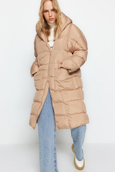 Trendyol Collection Beige Long Winter Puffer Jacket - Hooded, Water Repellent Twoaw24Mo00145