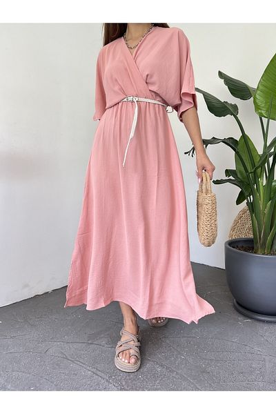 LB Laluna Butik Women's Double Breasted Collar Belted Elastic Waist Comfortable Cut Slit Long Dress Flowy Fabric