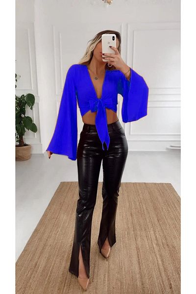 FASHION COCKTAIL Satin Front Tie Decoltat Night Cocktail Combinație Bluză Crop cu mânecă lungă