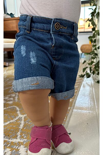 minny max Beli Ayarlanabilir Lastikli Denim Kumaş Koyu Mavi Çocuk Şort