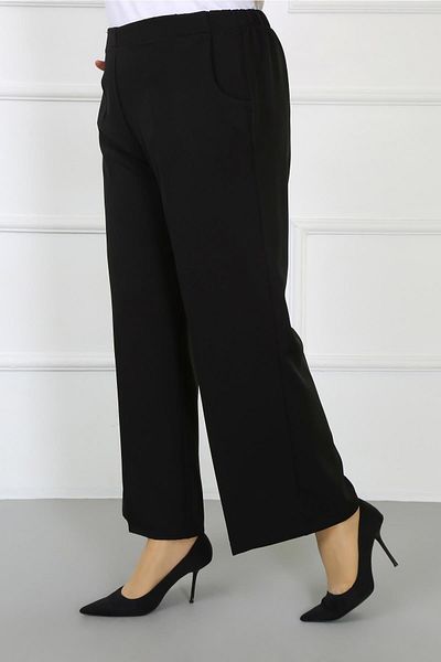 By Alba Collection Women's Black Dumbbell Fabric Oval Pocket Large Size Trousers with Elastic Back
