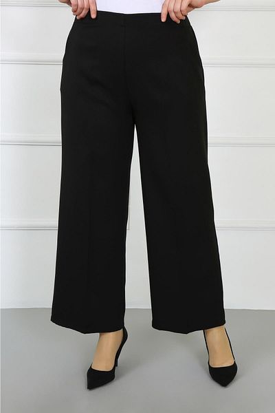By Alba Collection Women's Black Dumbbell Fabric Oval Pocket Large Size Trousers with Elastic Back