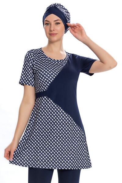 Starinci Mayo Ημι-καλυμμένο μαγιό Lycra Navy Blue με λεπτομέρεια με μοτίβο Houndstooth