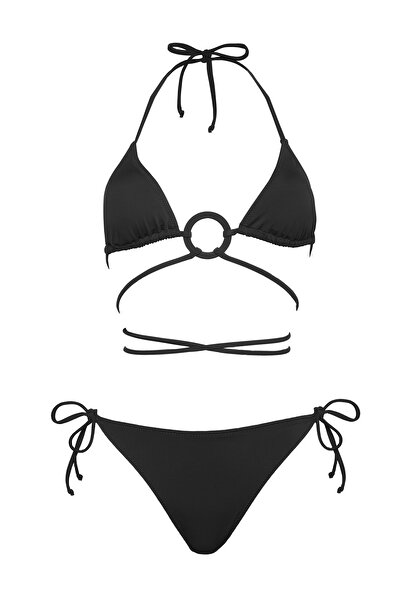 Transacoustic Siyah Çapraz Bağlama Detaylı Özel Halkalı Brezilya Üçgen Bikini Takım