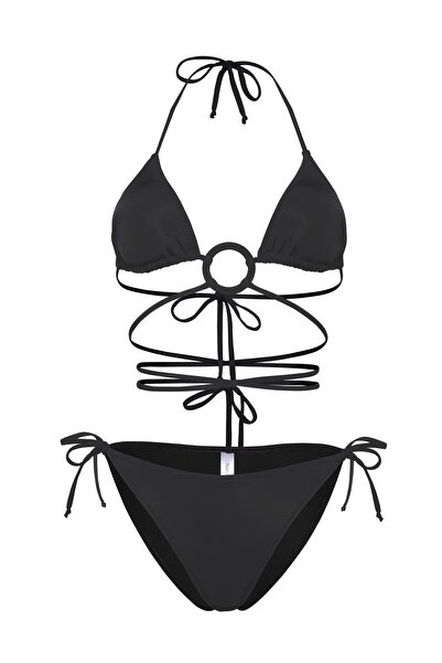 Transacoustic Siyah Çapraz Bağlama Detaylı Özel Halkalı Brezilya Üçgen Bikini Takım