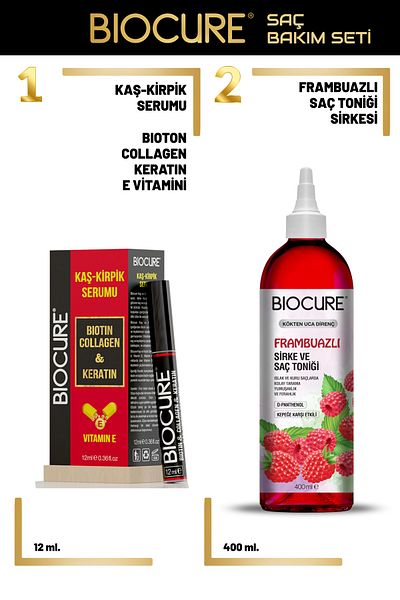 Biocure Biotin & Collagen & Keratin + Vitamin E Eyebrow Eyelash Serum / 12 Ml + Raspberry Vinegar and Hair Tonic
