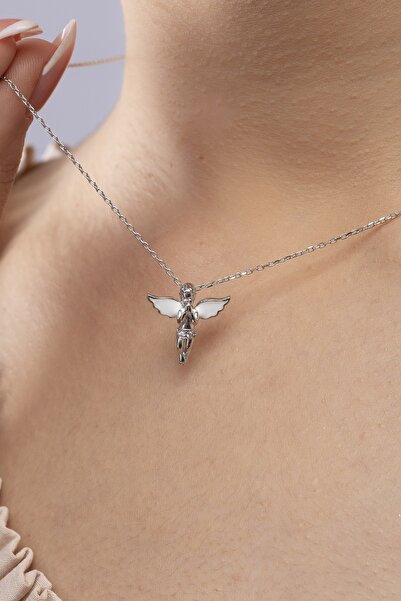 ESSARE 925 Ayar Gümüş Rodyum Kaplama Beyaz Kanatlı Melek Model Kolye