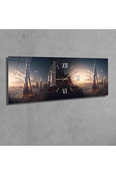 marpanya Yatay Ortadan Saatli Sanat ve Doğa Temalı Cam Tablo 088