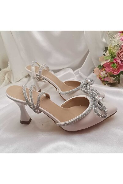 LİNEER Kadın Sedef Kırık Beyaz 7 Cm Kadeh Topuklu Taşlı Fiyonklu Stiletto Gel...