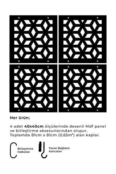 standarts Makta ® Lazer Kesim Sarkıt Paravan, Ahşap Seperatör, Oda Bölücü 4'lü Panel Levha Seti