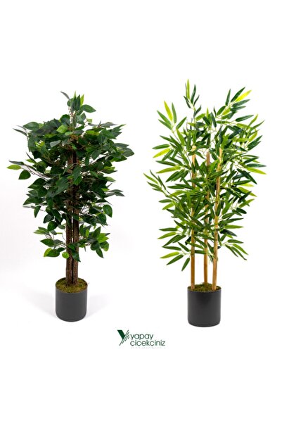 YAPAY ÇİÇEKÇİNİZ 2 Adet Gri Saksıda Çim Detaylı 100 Cm Yapay Benjamin ve Yapay Bambu Ağacı