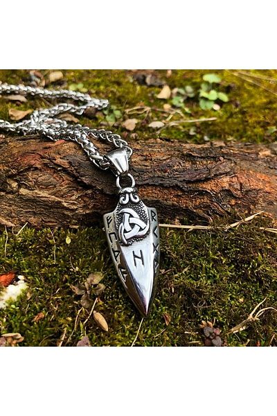 Viking Arrow Triquetra Embroidered Runic Inscription Arrowhead Knitted Chain 316l Steel Men's Necklace