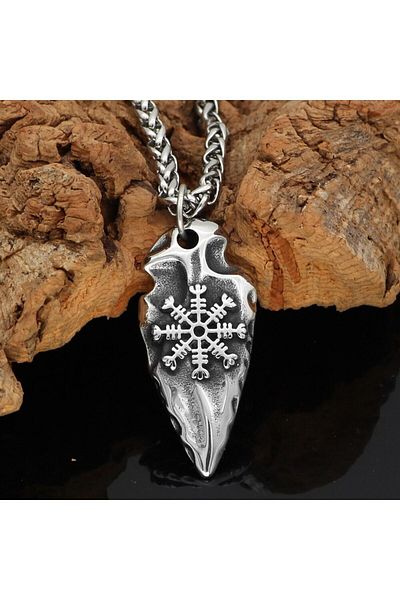 Viking Men's Necklace - Odin Vegvisir Embroidered, 316L Steel Arrowhead