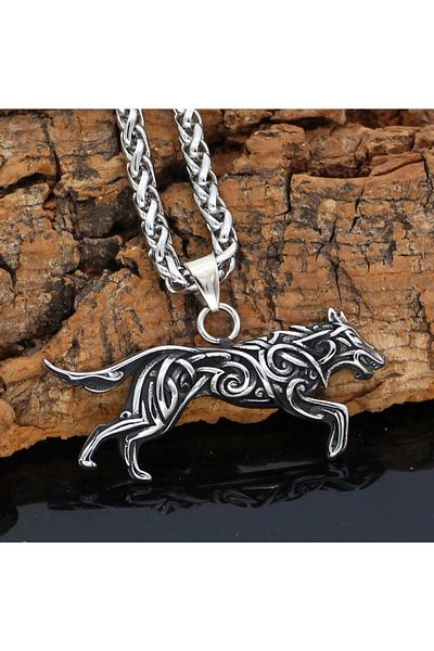 Viking Geri & Freki Odin Valhalla Wolf Nordic Embroidered 316L Steel Men's Necklace