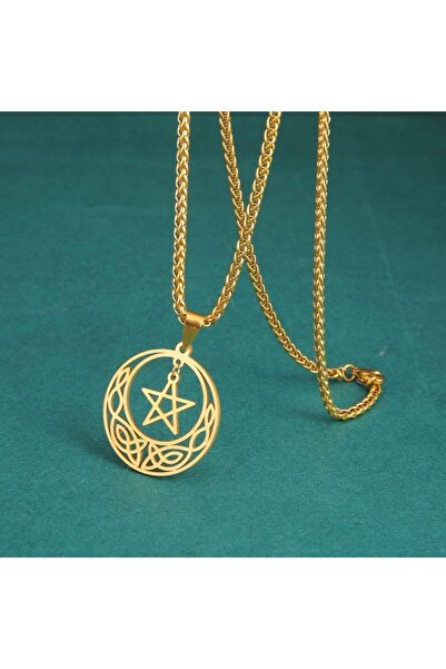 Viking Pentagram & Moon Gotik İskandinav Nordik Desenli Örgü Zincir Witchcraf...