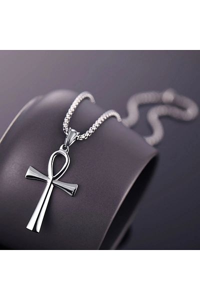 Viking Egyptian Mythology Ankh Nile Key Design Grey Men's Steel Necklace