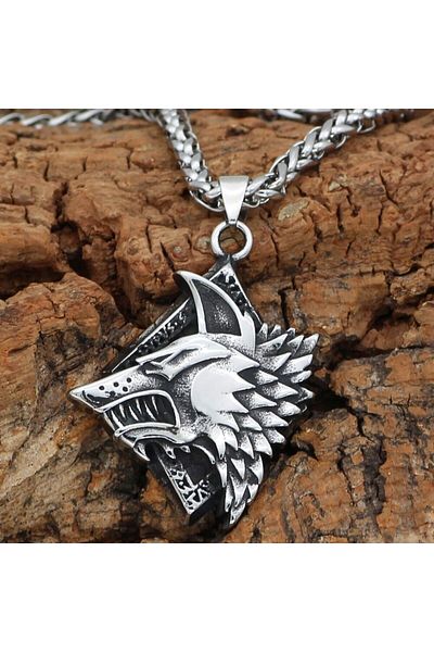 Viking Wolf Fenrir Odin Scandinavian Back & Freki Weave Chain 316L Steel Men's Necklace