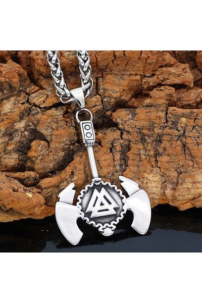 Viking Vegvisir Embroidered Warrior Ax & Braided Chain 316L Steel Men's Necklace