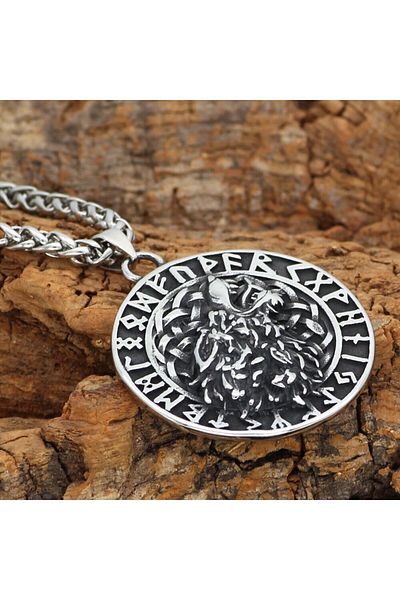 Viking Fenrir Odin Nordic Wolf Geri & Freki Runic Symbol Scandinavian 316L Steel Men's Necklace