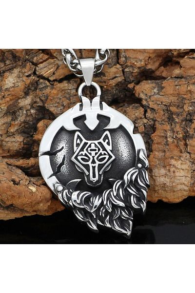 Viking Fenrir Rune Medallion Odin Wolf Motif Braided Chain 316L Steel Men's Necklace