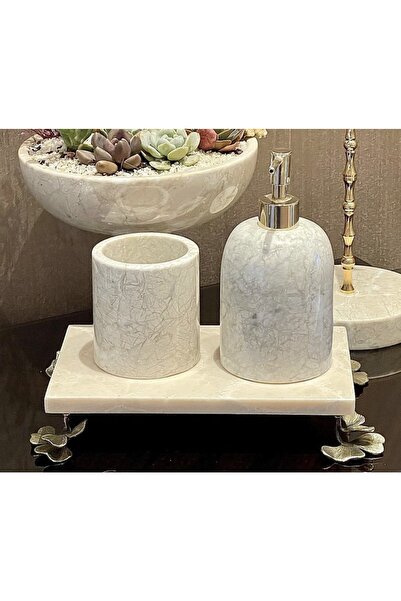 MIARIK DESIGN DEKORATİF BEJ MERMER GINKO AKSESUAR DETAYLI 3 LU BANYO SETİ TAKIMI