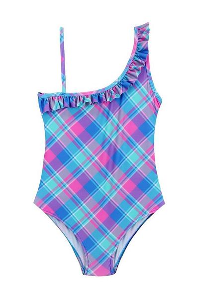 vawensea Blue Plaid Patterned Lycra Girl's Swimsuit with Ruffled Straps