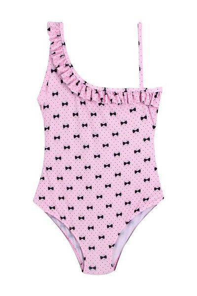 vawensea Pink Bow Patterned Lycra Girl's Swimsuit with Ruffled Straps