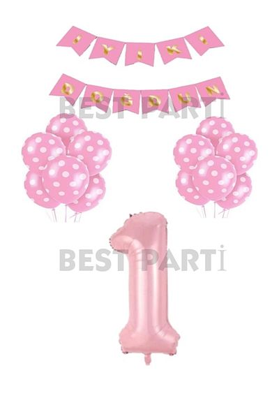 BEST PARTİ DOĞUM GÜNÜ PARTİ SÜSLERİ Happy Birthday Written Pink Colored Balloon and Number Set Age 1
