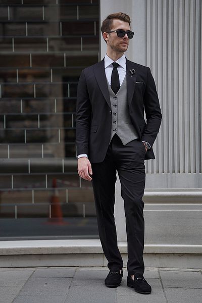 NAZEF Black & Gray Wool Suit with Slim-Fit Vest