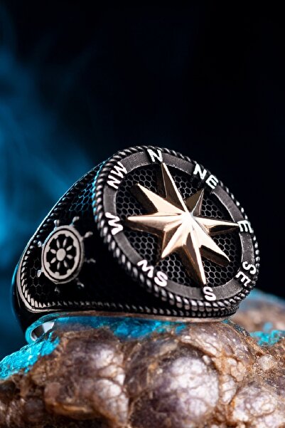 Anı Yüzük Erkek Siyah Pusula Tasarımlı Çapa Ve Dümen Motifli 925 Ayar Gümüş Y...