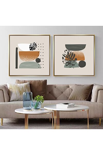 Markazip Minimalist Bej Botanik Altın Metal Çerçeveli 70x70cm Ikili Kanvas Tablo Tlh43-k