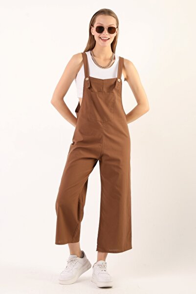 Primaro Açık Kahverengi Önden Cepli Askılı Ayarlanır Düğmeli Tulum