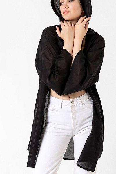 Laranor Black Hooded Slit Voile Kimono&cardigan