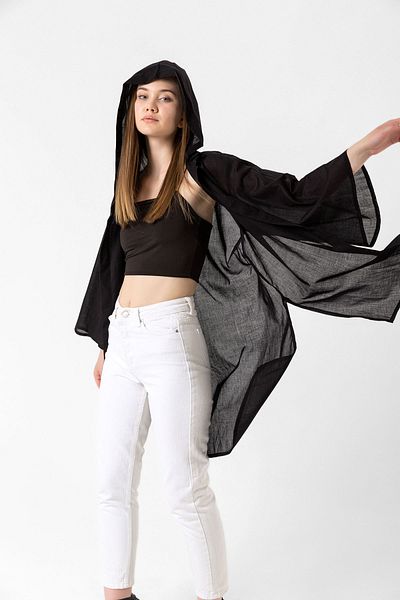 Laranor Black Hooded Slit Voile Kimono&cardigan