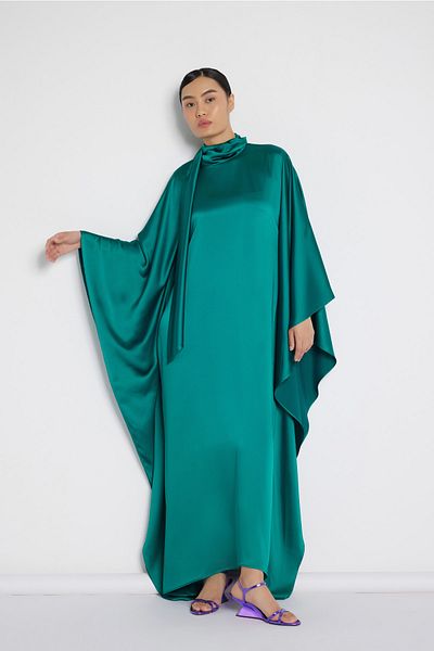 Nuum Design Neck Tie Satin Dress Emerald Green