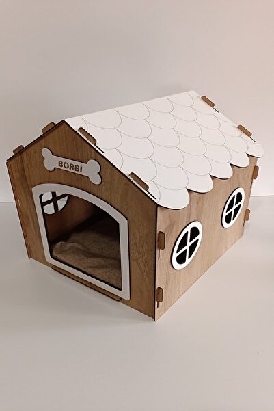 HOBİCİM Süper set Ahşap Dekoratif Köpek Evi-Kulübesi Minder ve Zincir Tasma Hediyeli (Modena-Beyaz)