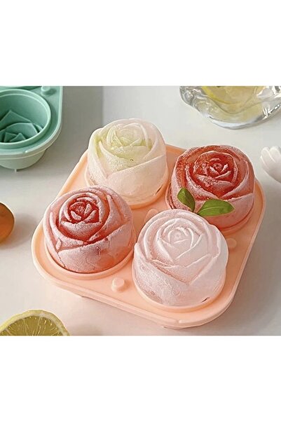KÜÇÜK EW Pratik 4'lü Silikon Büyük Gül Şekilli Buz Kalıbı | 4 Adet Silikon Gü...