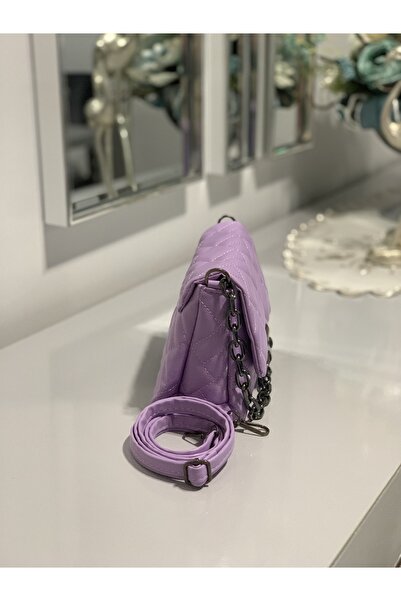 Molie Geantă de mână și de umăr pentru femei, cu model de broderie liliac, cu curea cu lanț