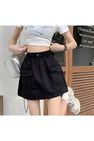 Touz Y2K Parachute Fabric Cargo Pocket Detail Elastic Waist Skirt