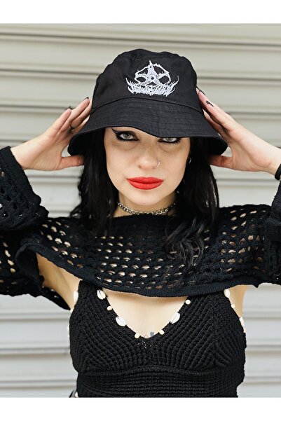 Siyah Kadın Pentegram Nakışlı Kova Şapka Balıkçı Şapka Bucket Hat