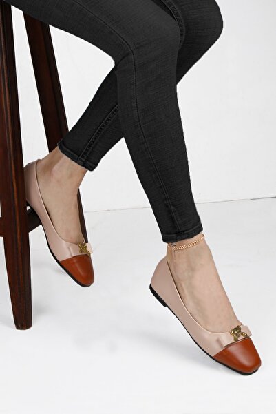 RENKLİBUTİK حذاء باليرينا نسائي من الجلد بنعل مريح بلونين