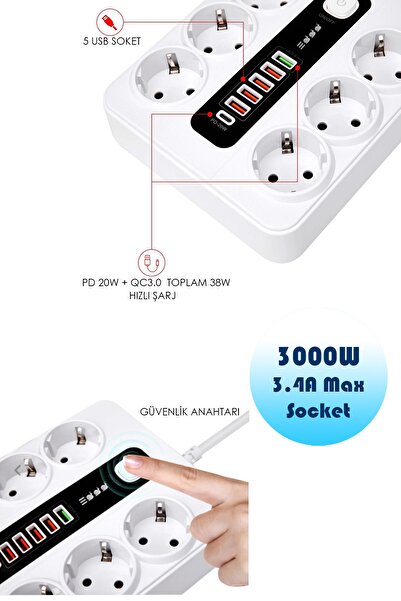 TECHNOMEN Akım Korumalı Grup Priz 6'lı USB Giriş 5'li Type-C Güvenlik Düğmeli 2 Metre Uzatma Kablosu