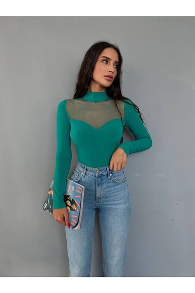 LB Laluna Butik Γυναικείο κορμάκι με μακρυμάνικο μισό ζιβάγκο με λεπτομέρεια από τούλι