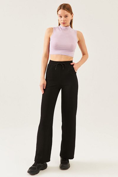 schlank Women's Black Knitted Fabric Wide Leg Trousers with Elastic Waist