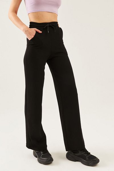 schlank Women's Black Knitted Fabric Wide Leg Trousers with Elastic Waist