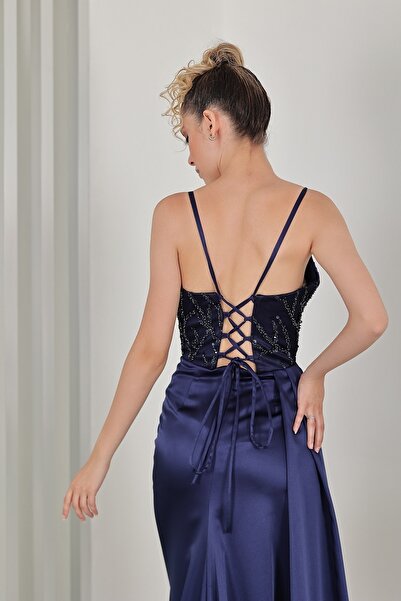 Rana Zenn Satin Rope Strap Beaded Lace Detailed Slit Draped Mona Evening Dress Navy Blue